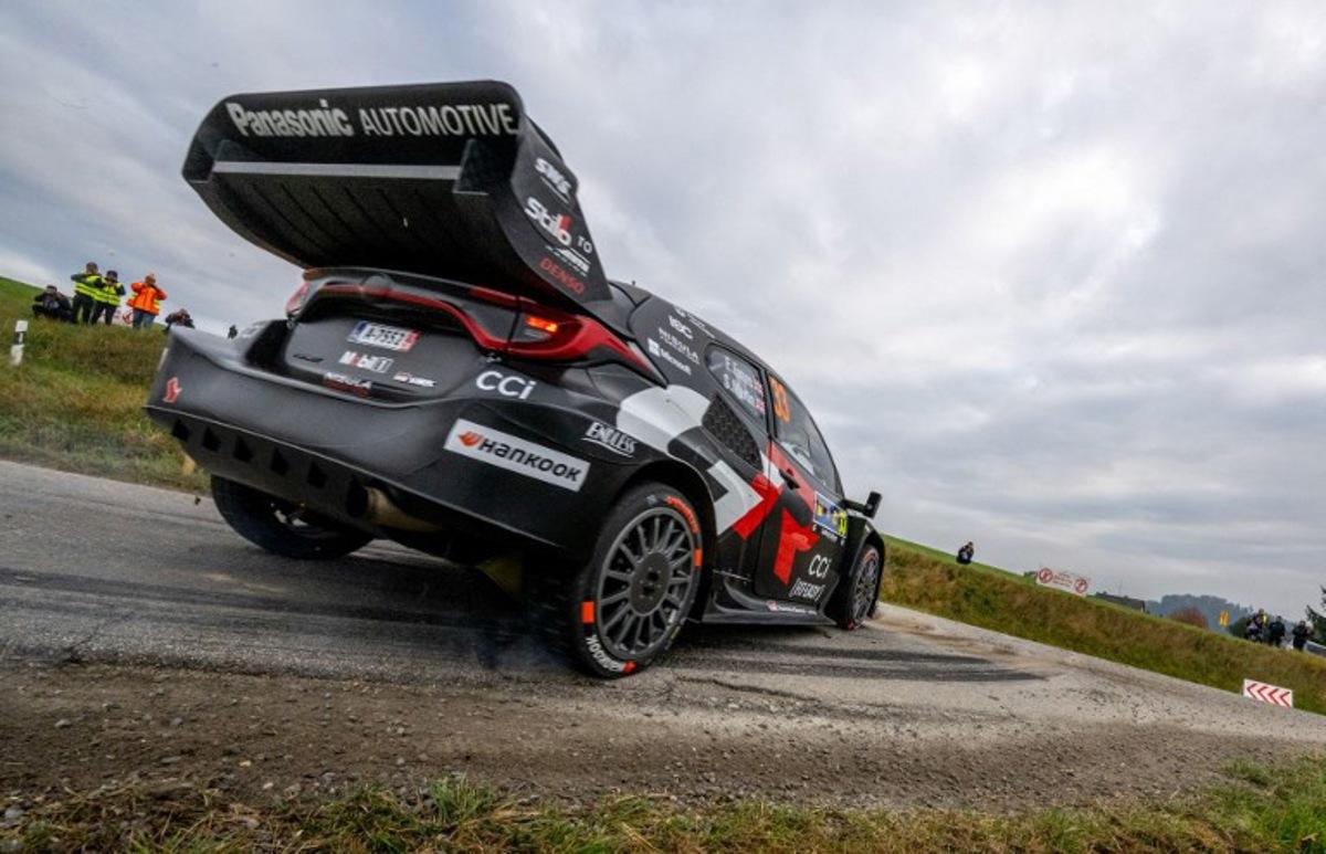 British driver Elfyn Evans and co-driver Scott Martin compete in their Toyota GR Yaris Rally1 car during day three of the FIA World Rally Championship WRC Central European Rally at the SS9 "Made in FRG" stage near Roehrnbach close to Passau, southern Germany on October 18, 2025. Joe Klamar / AFP