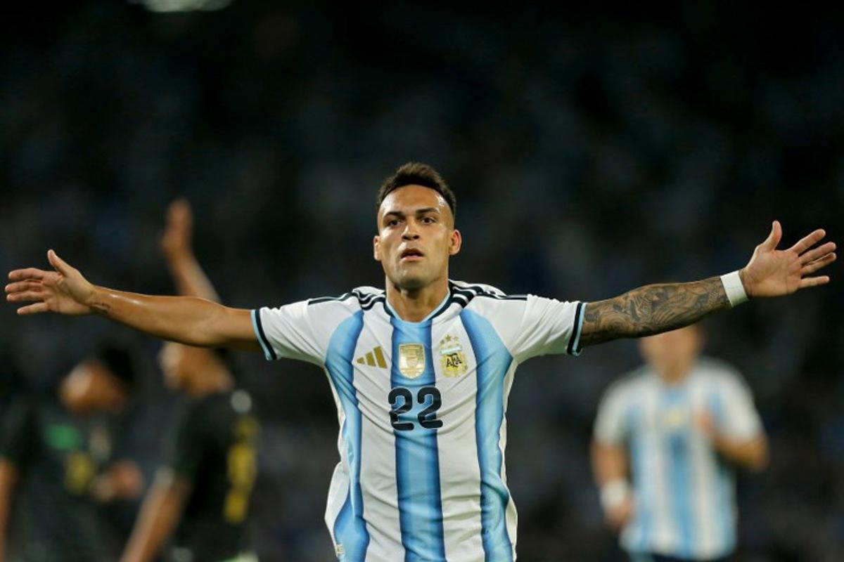 Argentina's forward #22 Lautaro Martinez celebrates after scoring his team's first goal during the international friendly football match between Argentina and Bolivia at Mario Alberto Kempes Stadium in Cordoba, Argentina, on September 30, 2026. Diego Lima / AFP
