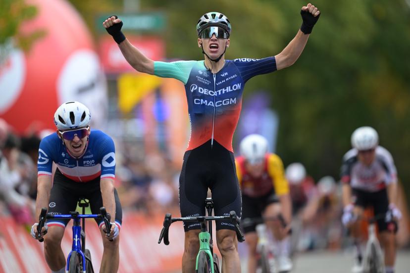 Aubin Sparfel of Decathlon CMA CGM pictured as he crosses the finish line of the one day cycling race Grand Prix de Wallonie 2026 (196,8 km), in Namur, on Wednesday 16 September 2026. BELGA PHOTO DAVID PINTENS