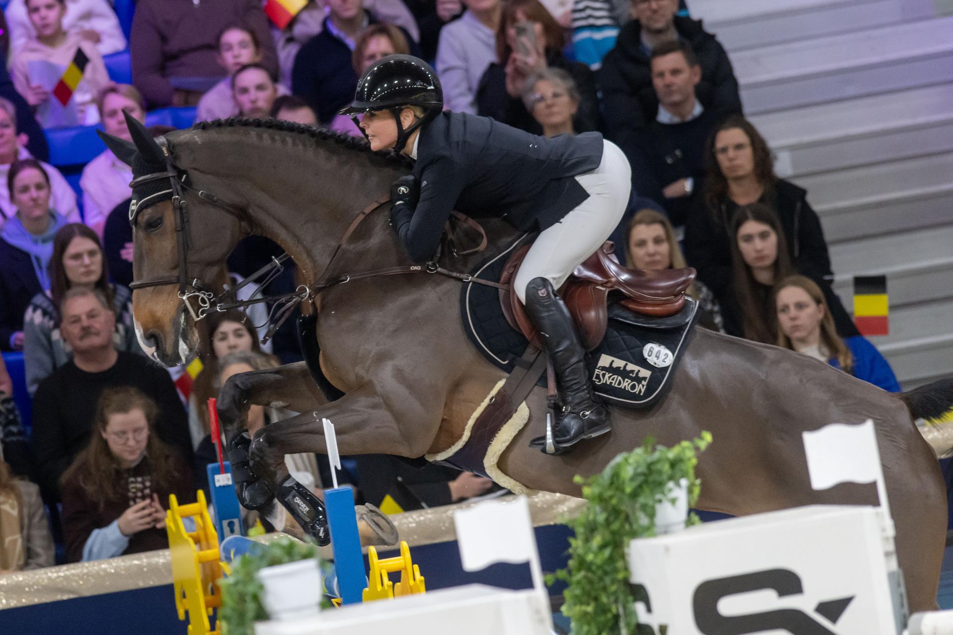 Rider Annelies Vorsselmans and horse Trezeguet are pictured during the FEI World Cup Jumping competition at the "Vlaanderens Kerstjumping" equestrian event in Mechelen on Tuesday 30 December 2025. BELGA PHOTO JONAS ROOSENS