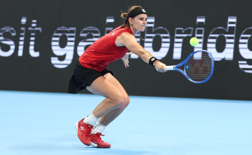 Belgian Greet Minnen pictured in action during a tennis match between Ukrainian Svitolina and Belgian Minnnen, the second rubber in the tie between Belgium and Ukraine in the Quarter Finals of the Billie King Cup tournament, on Thursday 24 September 2026 in Shenzhen, China. BELGA PHOTO VIRGINIE LEFOUR