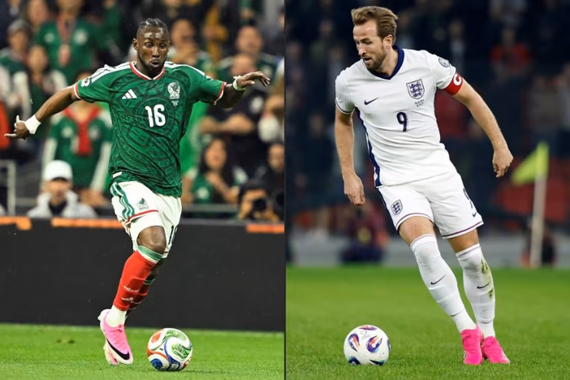 This combination of pictures created on July 03, 2026 shows Mexico's forward #16 Julian Quinones controling the ball at the Mexico City Stadium in Mexico City on June 30, 2026, and England's striker #09 Harry Kane controling the ball at the Air Albania stadium in Tirana, on November 16, 2025. Mexico and England will meet in a 2026 World Cup round of 16 football match at the Mexico City Stadium in Mexico City on July 5, 2026. Alfredo ESTRELLA, Adnan Beci / AFP