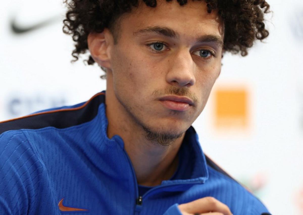 France's forward #25 Maghnes Akliouche gestures during a press conference at Bentley University in Waltham, near Boston, on June 18, 2026, during the 2026 World Cup football tournament. FRANCK FIFE / AFP