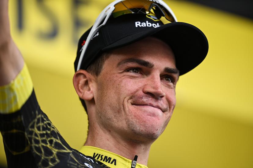 American Sepp Kuss of Team Visma-Lease a Bike celebrates on the podium with the combativity award after stage 20 of the 2026 Tour de France cycling race, a stage of 171km Le Bourg d'Oisans to Alpe d'Huez, on Saturday 25 July 2026. The 113th edition of the Tour de France starts on Saturday 4 July in Barcelona, Spain, and will finish in Paris, France on the 26th of July. BELGA PHOTO DAVID PINTENS
