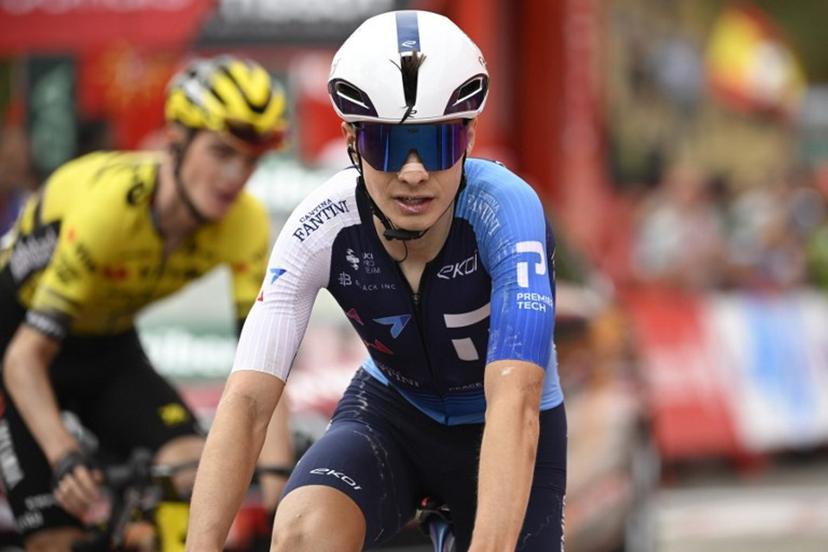 Team Israel Premier Tech 's US rider Matthew Riccitello crosses the finish line during the 14th stage of the Vuelta a Espana cycling tour, a 135 km race between Aviles and La Farrapona in Somiedo, on September 6, 2025. Cycling team Israel-Premier Tech removed their name from their kit at the Vuelta a Espana today after pro-Palestine protests aimed at them during the race. Miguel RIOPA / AFP