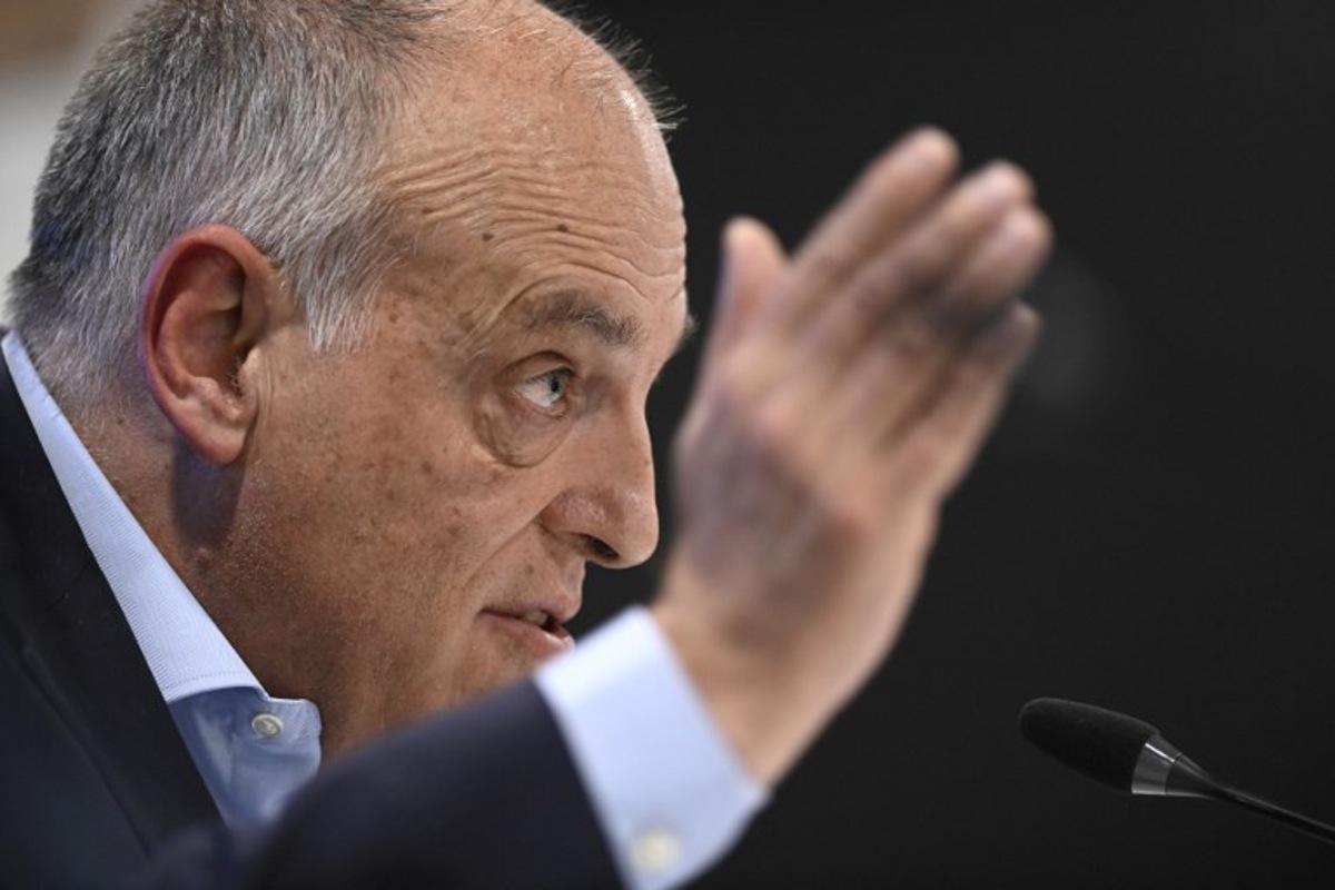 The president of the Spanish football league 'La Liga' Javier Tebas gestures as he gives a press conference in Madrid on May 25, 2023 amid an international outcry after racist abuse was hurled at Real Madrid's Brazilian forward Vinicius Junior during a Spanish league match. The 22-year-old Brazilian forward drew international support after making a stand against the last racist abuse he received from Valencia supporters on May 21. OSCAR DEL POZO / AFP