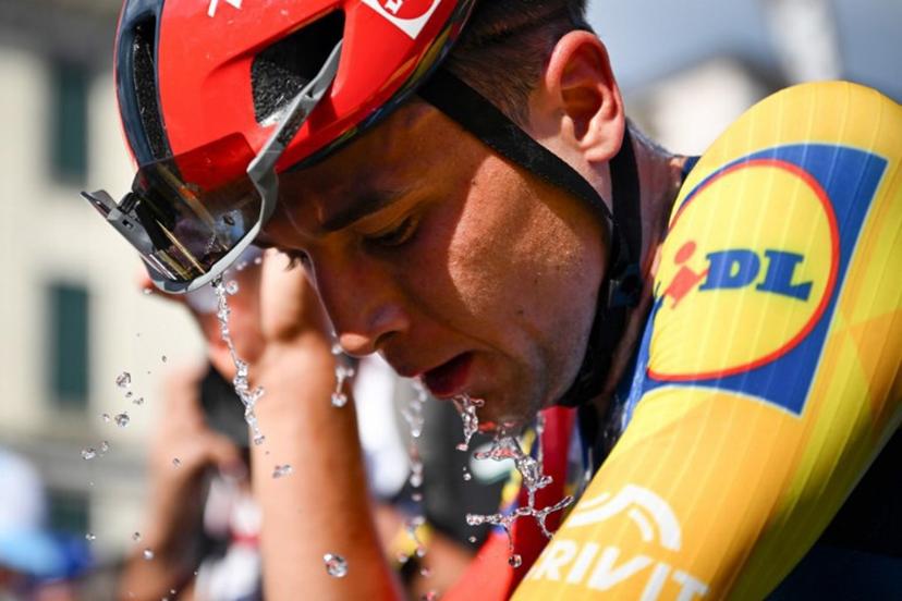 Italian rider Andrea Bagioli of team Lidl-Treck is pictured after crossing the finish line in third place in the first stage of the Men's Tour of Switzerland (Tour de Suisse) cycling race, in Sondrio, Italy, on June 17, 2026. Marco BERTORELLO / AFP