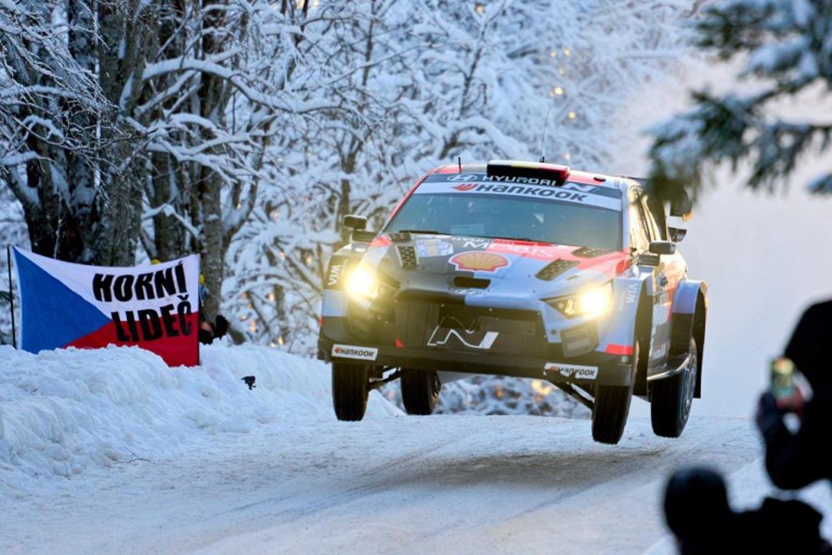 Belgian driver Thierry Neuville and co-driver Martijn Wydaeghe compete in their Hyundai i20 N Rally during Rally Sweden, the second round of the FIA World Rally Championship in Umea, Sweden, on February 13, 2026. Peo MOLLER / TT NEWS AGENCY / AFP