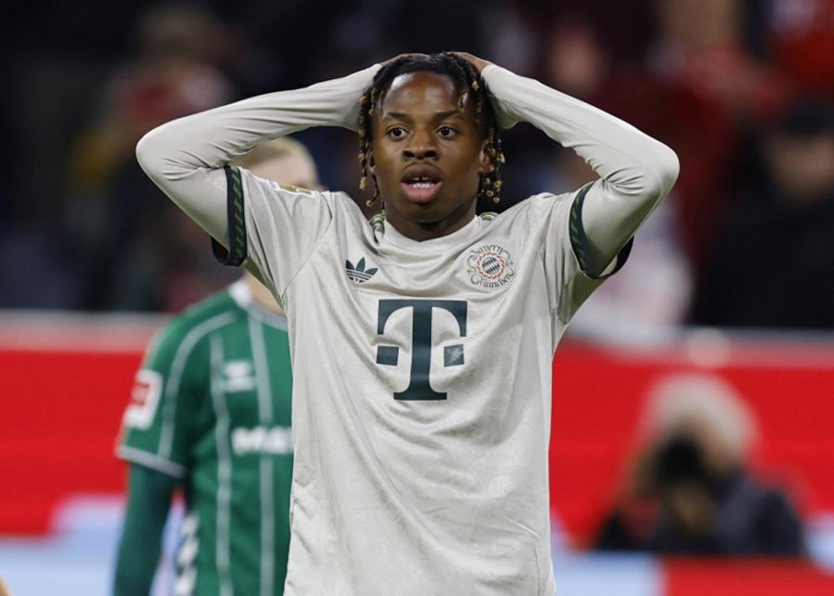 Bayern Munich's German-Nigerian forward #36 Wisdom Mike reacts during the German first division Bundesliga football match between Bayern Munich and Werder Bremen in Munich on Spetember 26, 2025. Alexandra BEIER / AFP