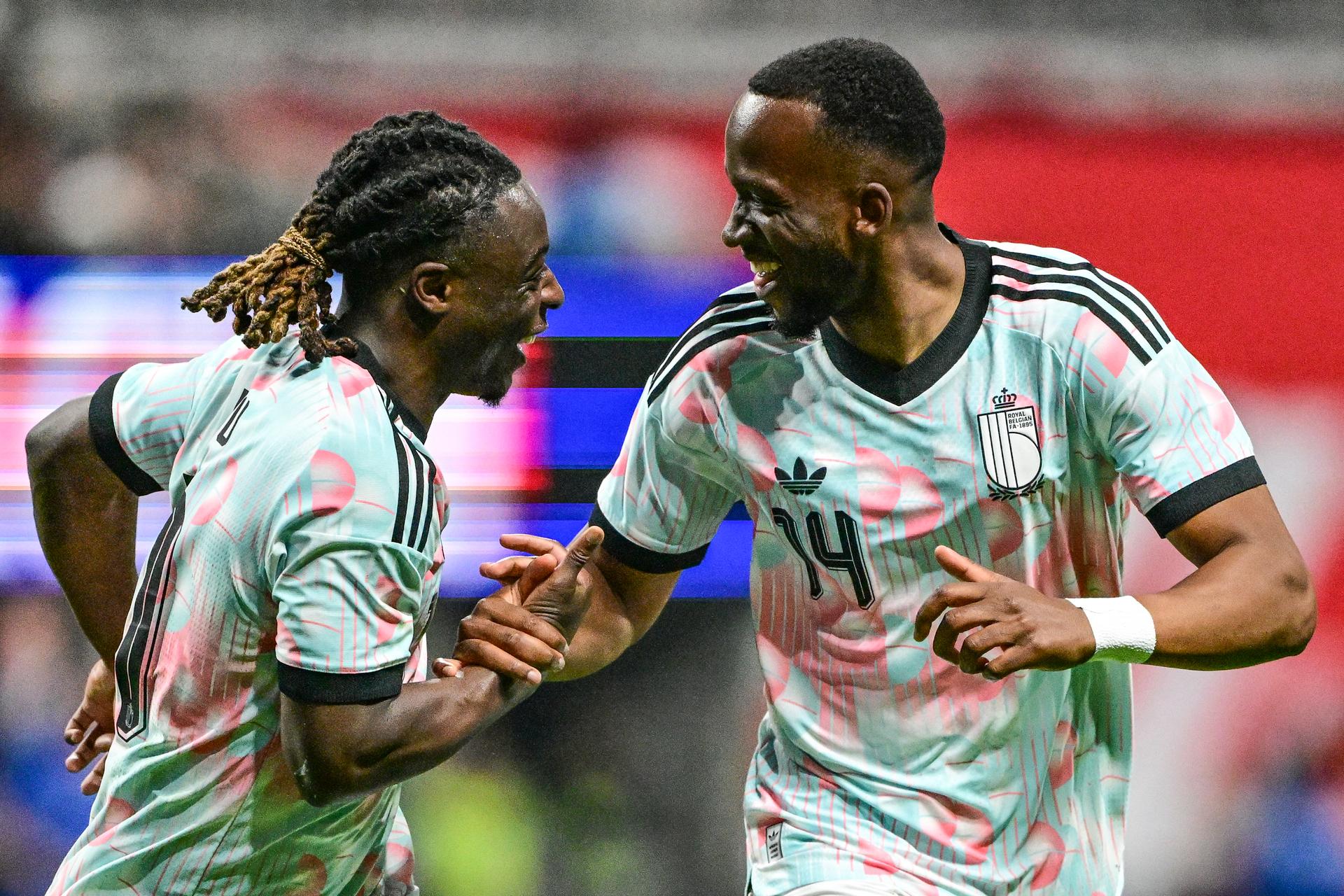 Belgium's Jeremy Doku and Belgium's Dodi Lukebakio celebrate during a friendly soccer game between the United States national team and Belgian national soccer team Red Devils in Atlanta, on Saturday 28 March 2026, in preparation for the 2026 World Cup. BELGA PHOTO DIRK WAEM