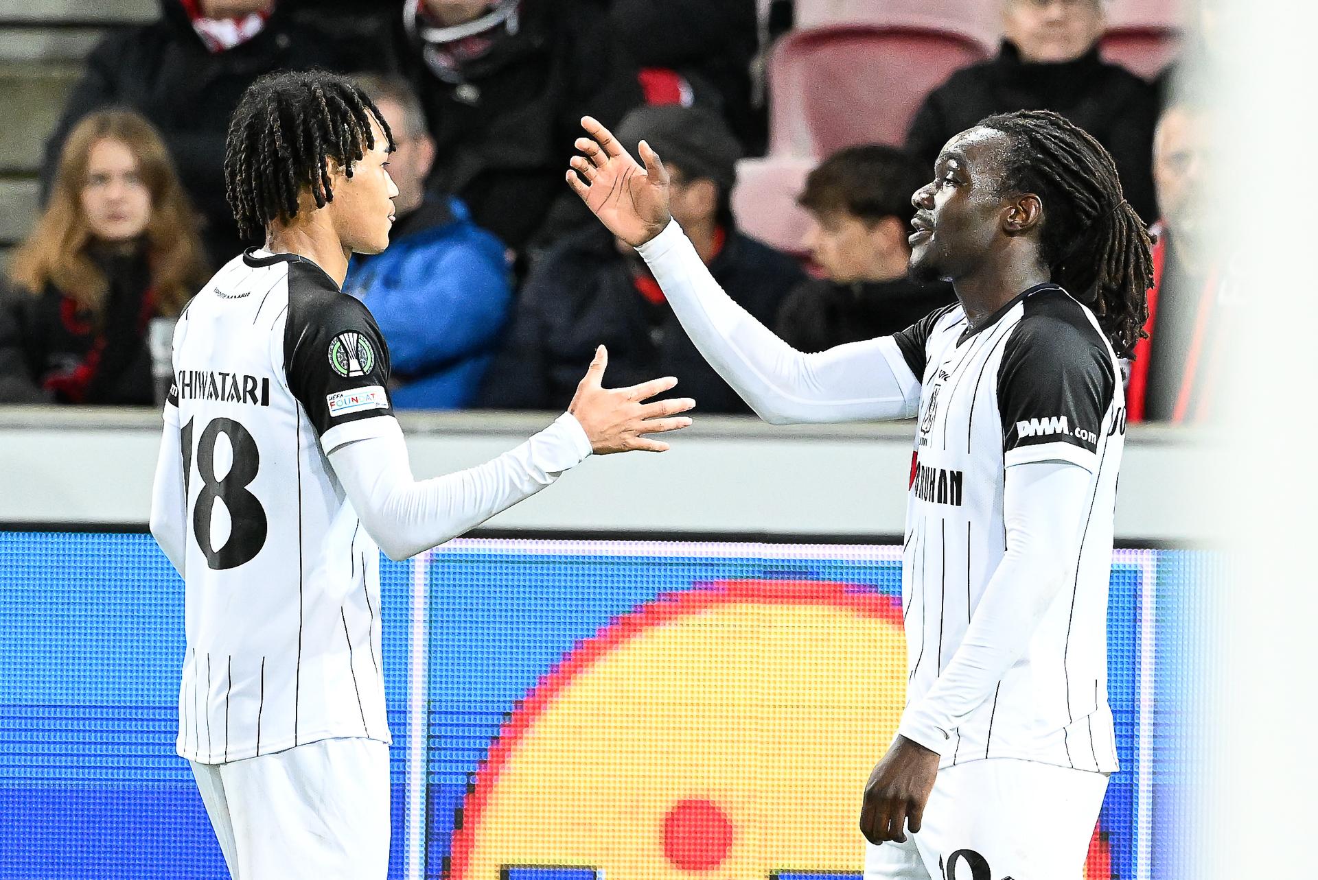 STVV's Frederic Soelle Soelle celebrates after scoring during a soccer game between Danish FC Midtjylland and Belgian Sint-Truidense VV, Thursday 22 October 2026 in Herning, Denmark, on the second day of the UEFA Conference League league phase. BELGA PHOTO JILL DELSAUX