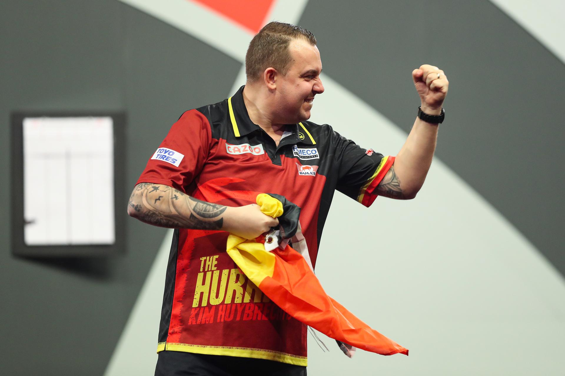 ATTENTION EDITORS - HAND OUT PICTURES - EDITORIAL USE WITH STORY ON DARTS WORLD CHAMPIONSHIPS ONLY - MANDATORY CREDIT KIERAN CLEEVES/PDC Hand out pictures released by PDC Professional Darts Corporation shows Belgian Kim Huybrechts celebrating after defeating Scottish Wright on day ten of the 2023 Cazoo World Darts Championship at Alexandra Palace, London, UK, on Tuesday 27 December 2022. MANDATORY CREDIT KIERAN CLEEVES/PDC