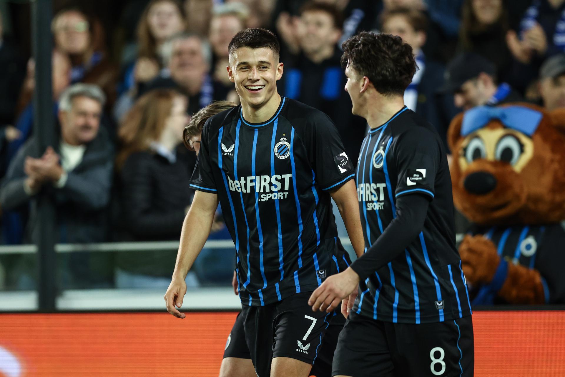 Club's Nicolo Tresoldi celebrates after scoring during a soccer match between Club Brugge and FC Dender EH, Saturday 01 November 2025 in Brugge, on day 13 of the 2025-2026 'Jupiler Pro League' first division of the Belgian championship. BELGA PHOTO BRUNO FAHY