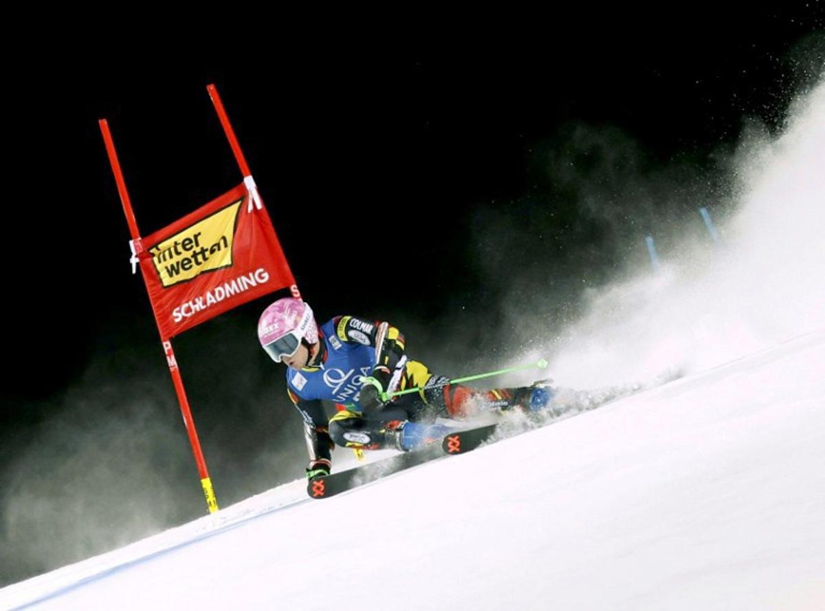 Belgium's Sam Maes competes during the first run of the men's Giant Slalom event of FIS Alpine Skiing World Cup in Schladming, Austria, on January 27, 2026. ERWIN SCHERIAU / APA / AFP