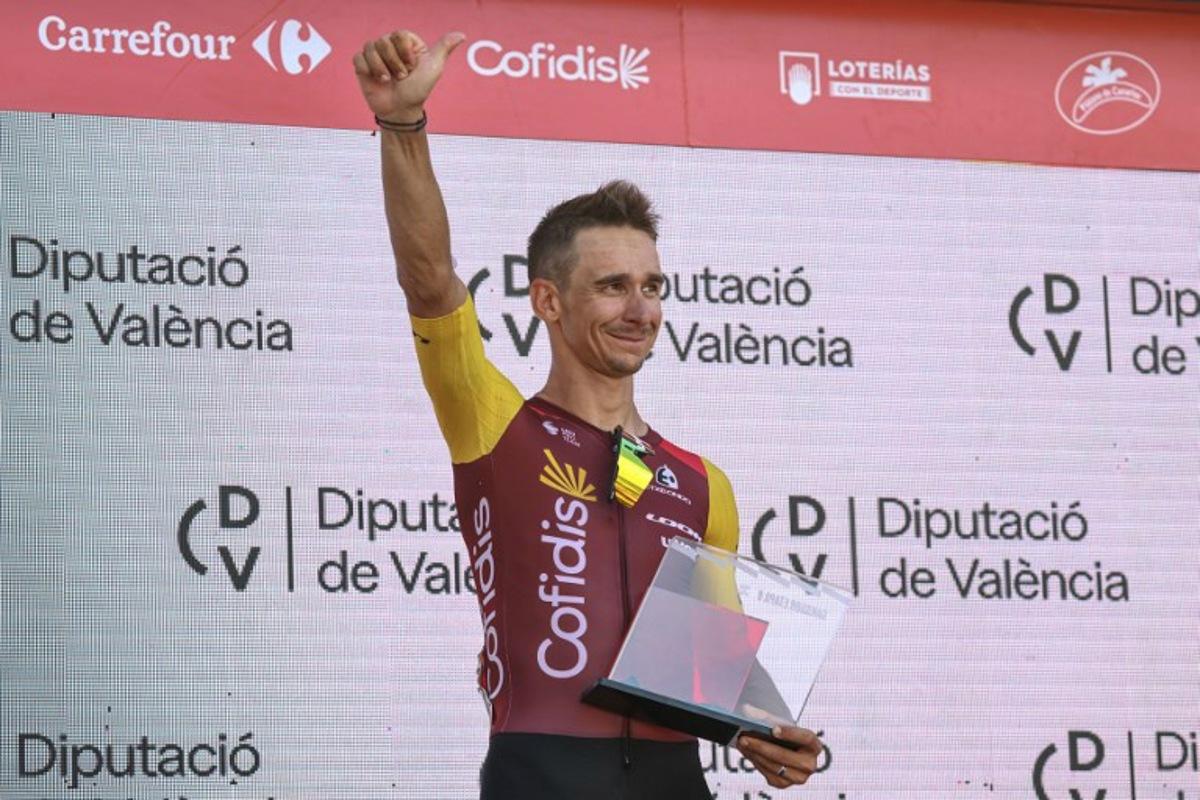 Team Cofidis' French rider Bryan Coquard celebrates on the podium after winning the eighth stage of the Vuelta a Espana 2026, a 171 km race between Pucol and Xeraco on August 29, 2026. Josep LAGO / AFP