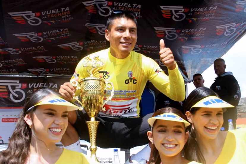 Ecuador's Jonathan Caicedo, from team Petrolike, celebrates after winning the 59th Vuelta al Tachira cycling race in San Cristobal, Tachira State, Venezuela, on January 21, 2024. Johnny PARRA / AFP