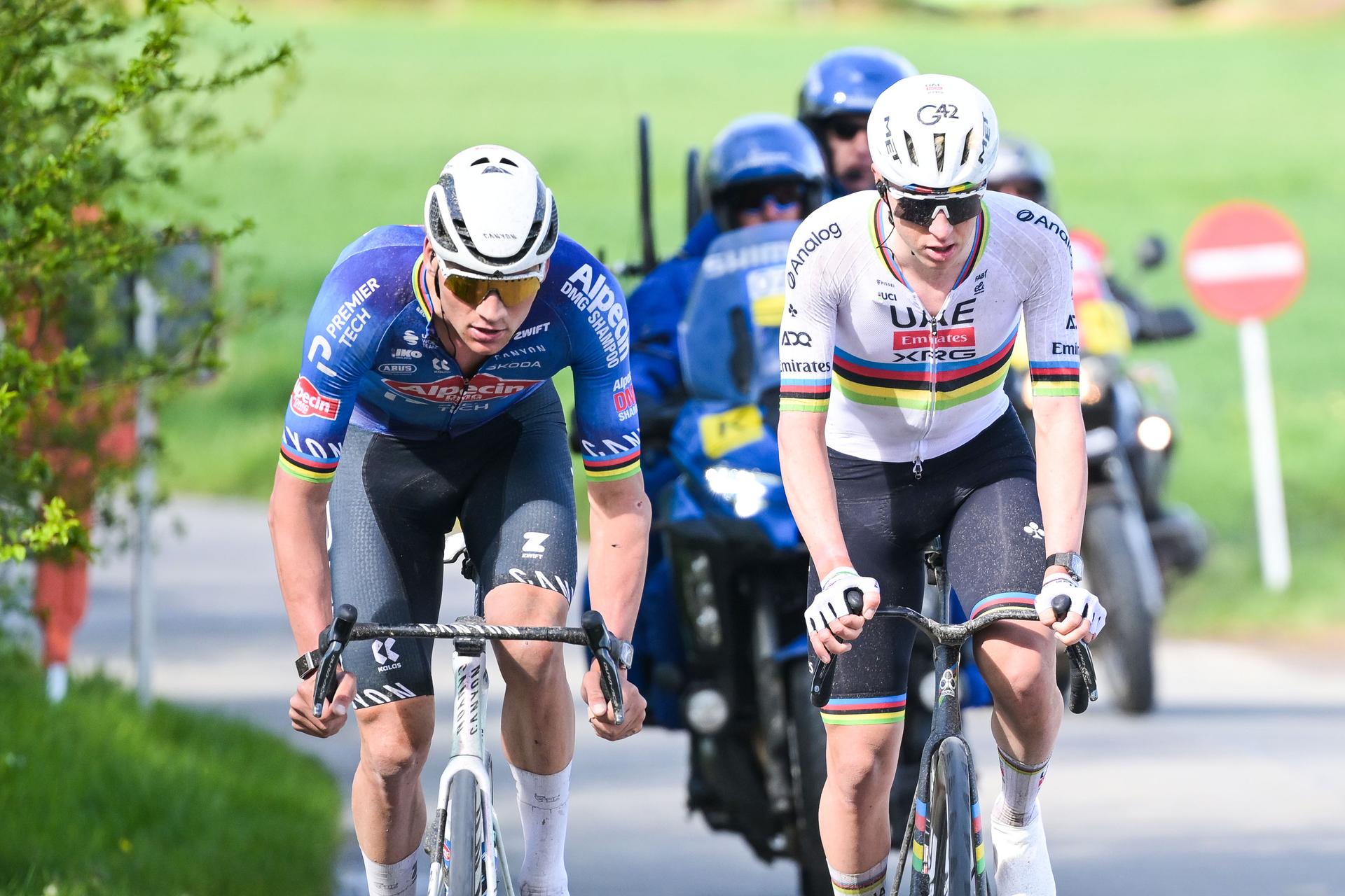 Dutch Mathieu van der Poel of Alpecin-Premier Tech and Slovenian Tadej Pogacar of UAE Team Emirates pictured in action during the men's race of the 'Ronde van Vlaanderen/ Tour des Flandres/ Tour of Flanders' UCI WorldTour one day cycling race, 278 km from Antwerp to Oudenaarde, Sunday 05 April 2026. BELGA PHOTO DAVID PINTENS