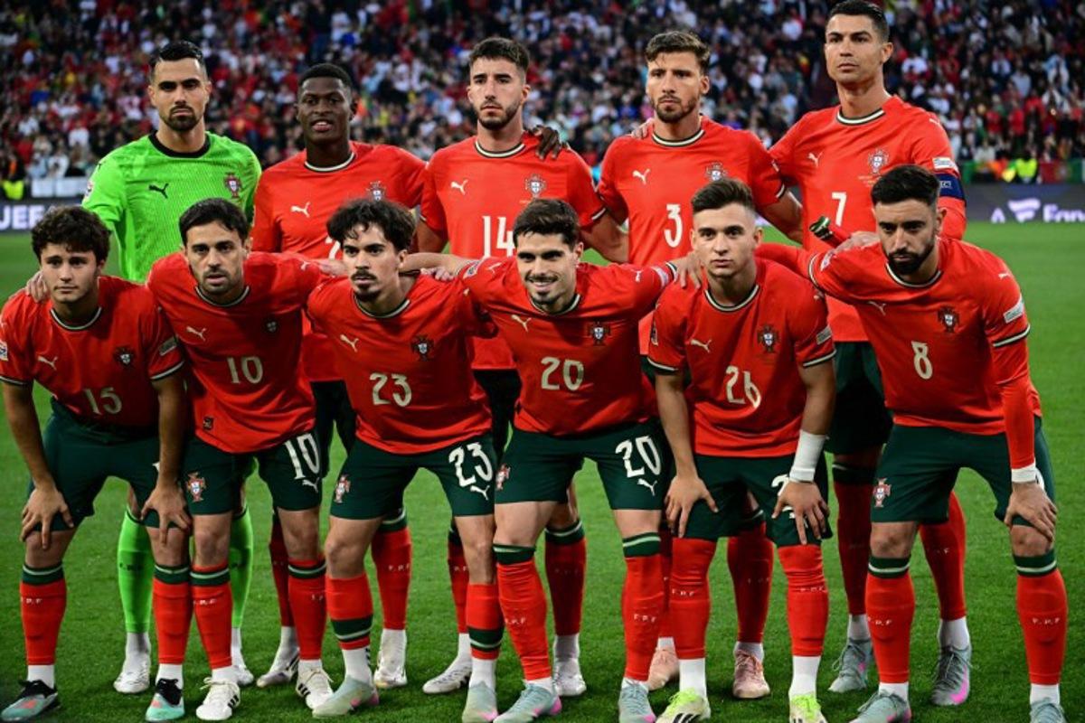 Portugal players pose for the team photo prior to the UEFA Nations League final football match between Portugal and Spain in Munich, southern Germany on June 8, 2025. Tobias SCHWARZ / AFP