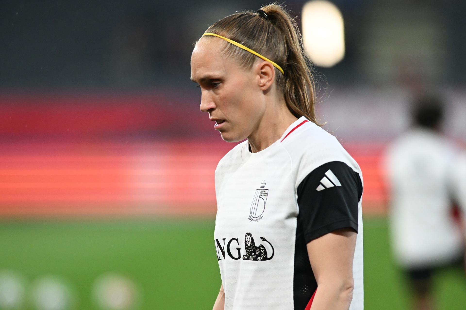 Belgium's Janice Cayman pictured before a soccer game between Belgium's national women's team the Red Flames and Scotland, on Saturday 18 April 2026 in Leuven, in the fourth of six games of the qualifiers for the 2027 FIFA Women's World Cup. BELGA PHOTO JILL DELSAUX