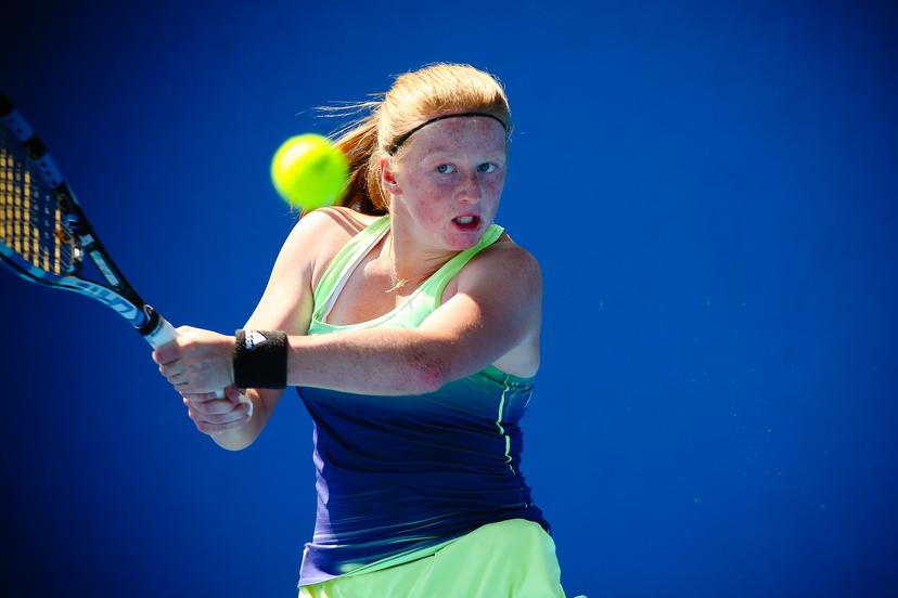 20160123 - MELBOURNE, AUSTRALIA: Belgian Lara Salden plays her first round game of Junior Girls Singles against Japanse Mai Hontama at the 'Australian Open' tennis Grand Slam, Saturday 23 January 2016 in Melbourne Park, Melbourne, Australia. The first grand slam of the season takes place from 18 to 31 January. BELGA PHOTO PATRICK HAMILTON