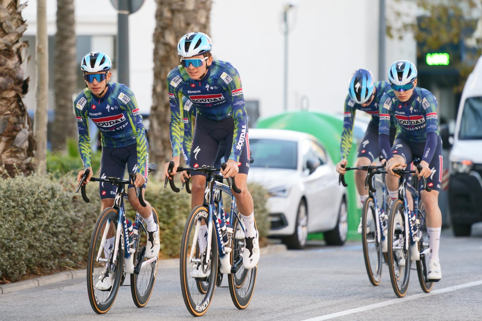 Belgian Jasper Schoofs of Soudal Quick-Step Devo Team (C) and Belgian Matijs Van Strijthem of Soudal Quick-Step Devo Team (R) pictured during a training ride of the Soudal Quick-Step cycling team in Calpe, Spain, Thursday 08 January 2026. BELGA PHOTO JOMA GARCIA