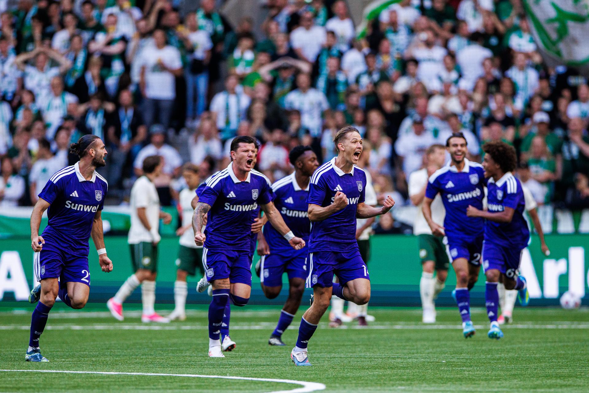 260723 Danylo Sikan of Anderlecht celebrates after 0-1 during the UEFA Europa League second qualifying round football match between Hammarby and Anderlecht on July 23, 2026 in Stockholm. Photo: Kenta Jönsson / BILDBYRÅN / COP 210 / KJ0354 fotboll football soccer fotball uefa europa league europa league kval qualifying round qualification hammarby anderlecht bbeng grappa33 jubel BELGIUM ONLY
