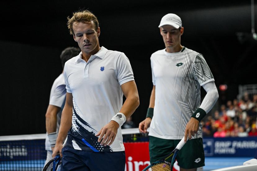 Michael Geerts of Belgium, Joran Vliegen of Belgium pictured during the European Open ATP tennis tournament in Brussels, on 21 October. This year's edition of the tournament is taking place from 17 to 25 October BELGA PHOTO DAVID PINTENS