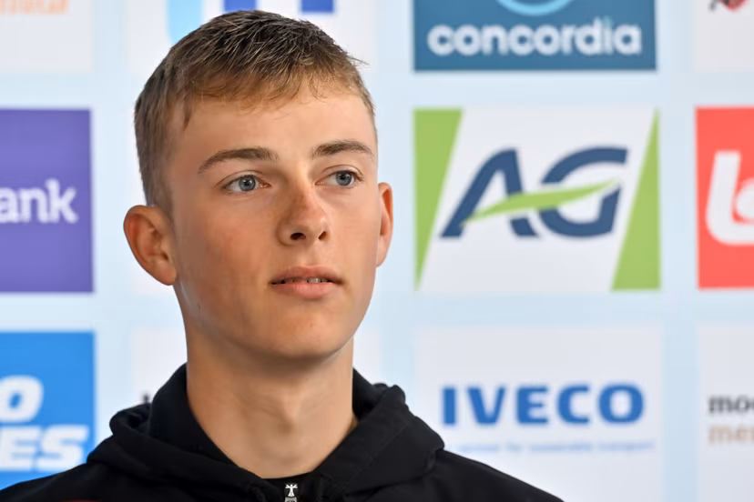 Belgian Maxence Place pictured during a press conference ahead of the upcoming UCI Road World Championships cycling, in Wollongong, Australia, Wednesday 21 September 2022. The Worlds are taking place from 18 to 25 September. BELGA PHOTO DIRK WAEM