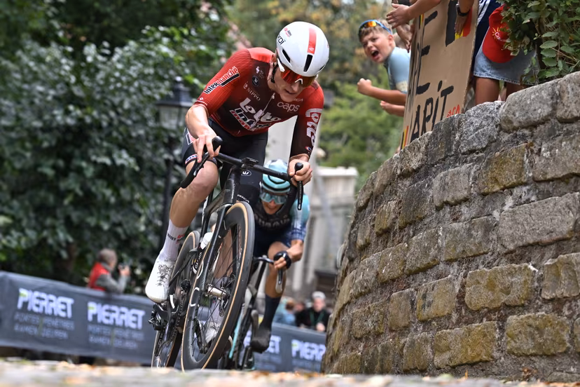 Belgian Jarno Widar of Lotto-Intermarche in action during stage three of the 'Renewi Tour' multi-stage cycling race, from Celles to Geraardsbergen (182 km) on Friday 21 August 2026. The five-day race takes place from 19 to 23/08. BELGA PHOTO DAVID PINTENS