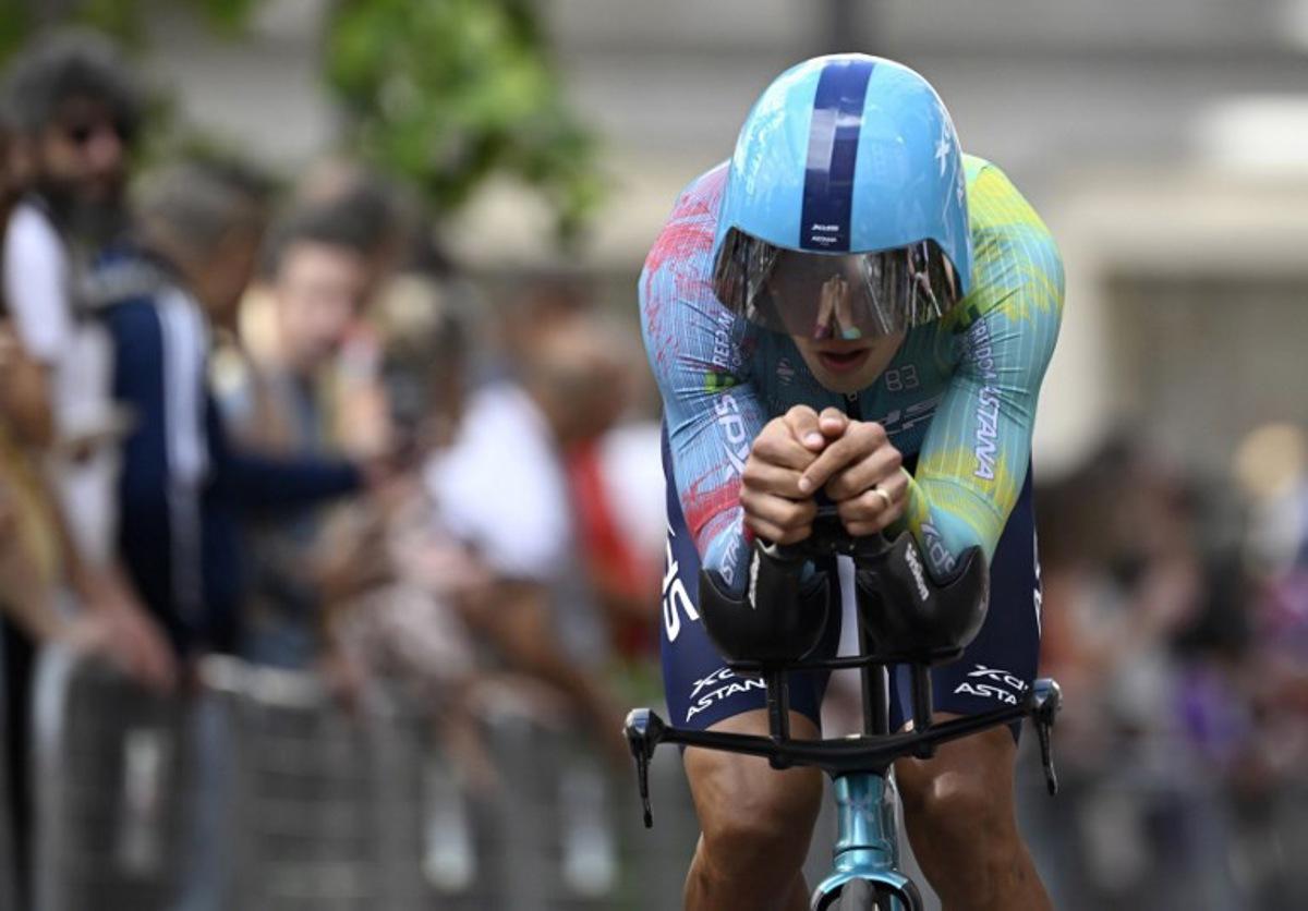 Team Astana's Colombian rider Harold Tejada competes during the 18th stage of the Vuelta a Espana, a 26 km race against the clock between Valladolid and Valladolid, on September 11, 2025. Miguel RIOPA / AFP