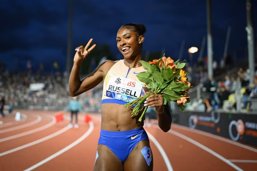 US' Masai Russell celebrates after winning the women's 100m Hurdles final during the World Athletics Diamond League athletics meeting at the Stade Olympique de la Pontaise in Lausanne, on August 21, 2026. Fabrice COFFRINI / AFP