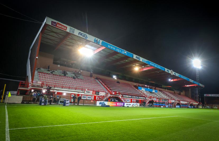 View on the empty tribune of Guldensporenstadion due to corona measures, before a soccer match between KV Kortrijk and RSCA Anderlecht, Friday 23 October 2020 in Kortrijk, on day 10 of the 'Jupiler Pro League' first division of the Belgian championship. BELGA PHOTO VIRGINIE LEFOUR