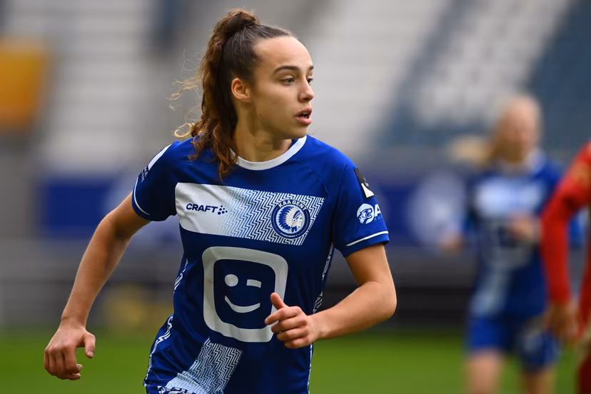 KAA Gent's Ladies Jasmien Mathys pictured during a female soccer game between AA Gent Ladies and Standard Femina on the 11th matchday of the 2024 - 2025 season of Belgian Lotto Womens Super League, Saturday 23 November 2024 in Gent. BELGA PHOTO LUC CLAESSEN