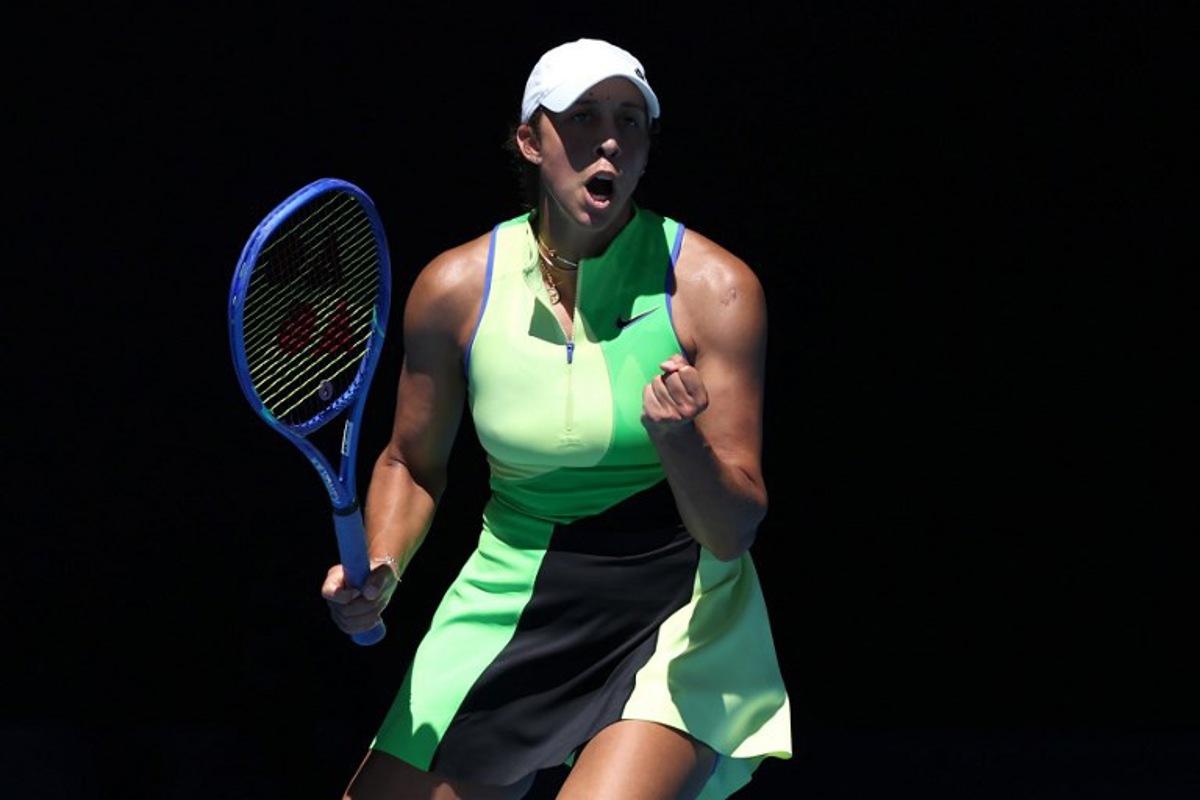 USA's Madison Keys reacts on a match point against Czech Republic's Karolina Pliskova during their women's singles match on day seven of the Australian Open tennis tournament in Melbourne on January 24, 2026. Martin KEEP / AFP