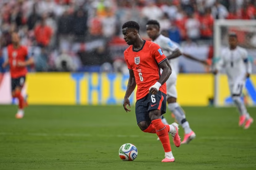 England's defender #06 Marc Guehi controls the ball during the 2026 World Cup Group L football match between Panama and England at the New York/New Jersey Stadium in East Rutherford on June 27, 2026. ANGELA WEISS / AFP