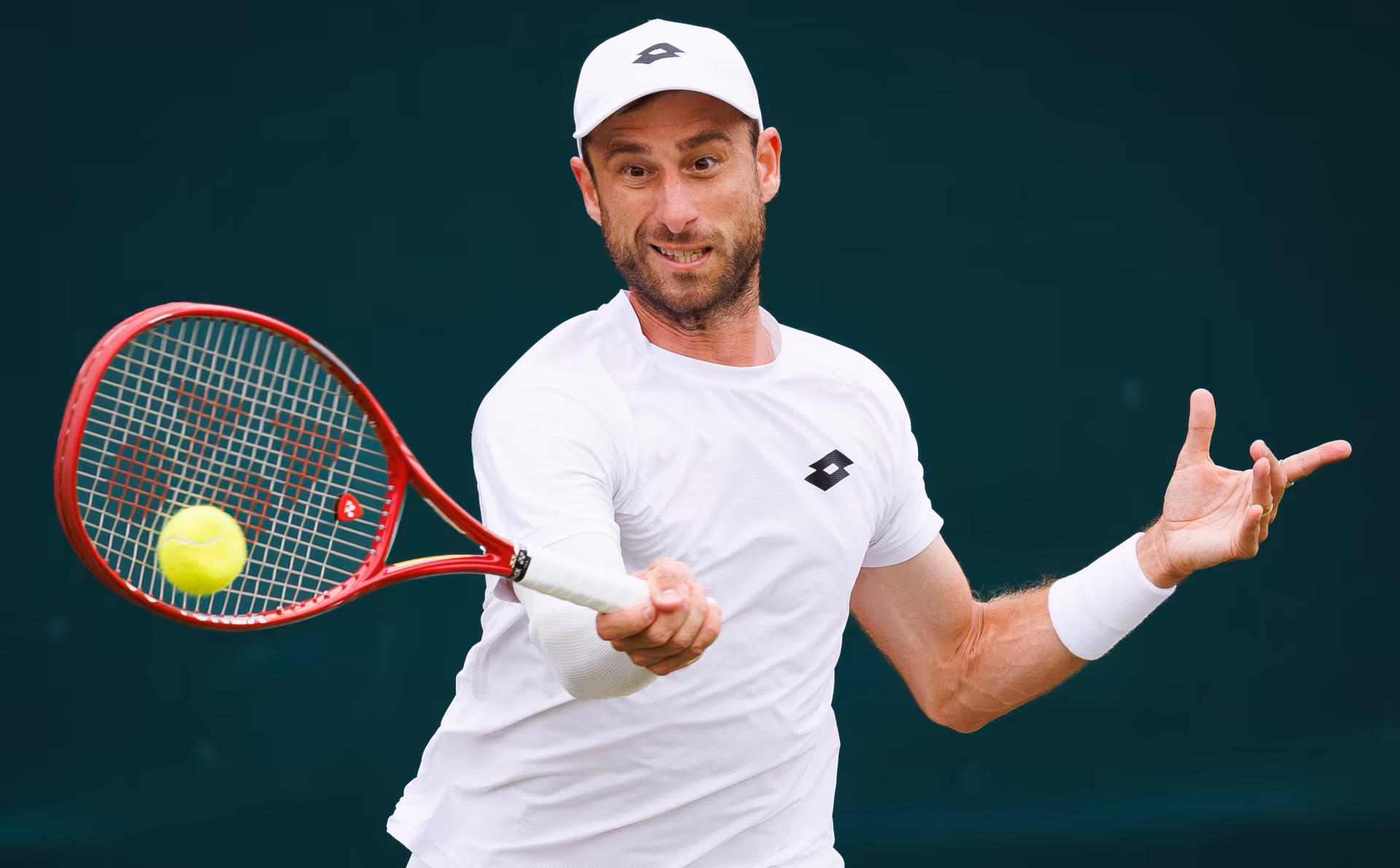 Belgian Sander Gille pictured in action during a doubles tennis match between Argentinian-Spain pair Zeballos - Granollers and Belgian-Dutch pair Gille-Verbeek, in the second round of the Men's doubles at the Wimbledon grand slam tennis tournament in London, Britain, Saturday 04 July 2026. BELGA PHOTO BENOIT DOPPAGNE