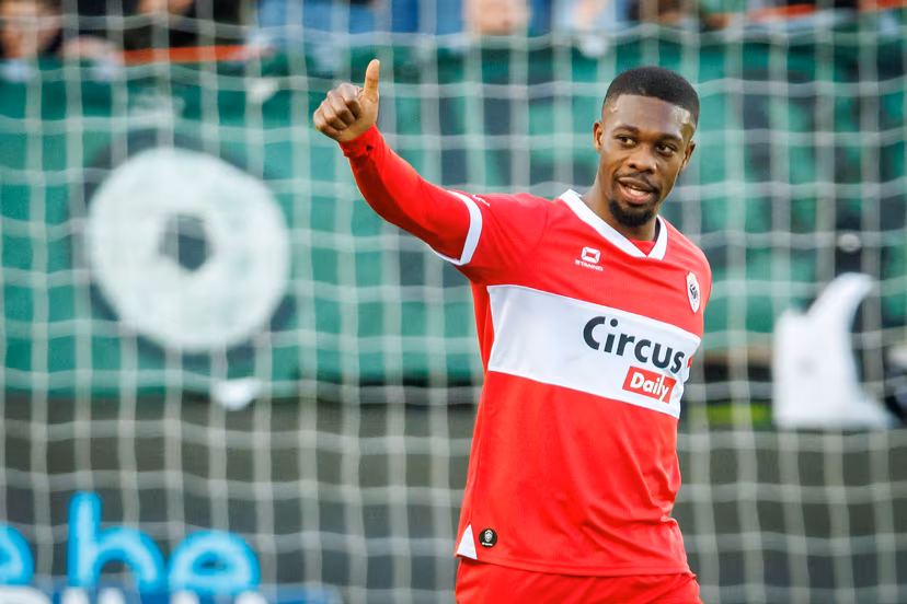 Antwerp's Christopher Scott celebrates after scoring during a soccer match between Cercle Brugge and Royal Antwerp FC, Saturday 31 January 2026 in Brugge, on day 23 of the 2025-2026 'Jupiler Pro League' first division of the Belgian championship. BELGA PHOTO KURT DESPLENTER