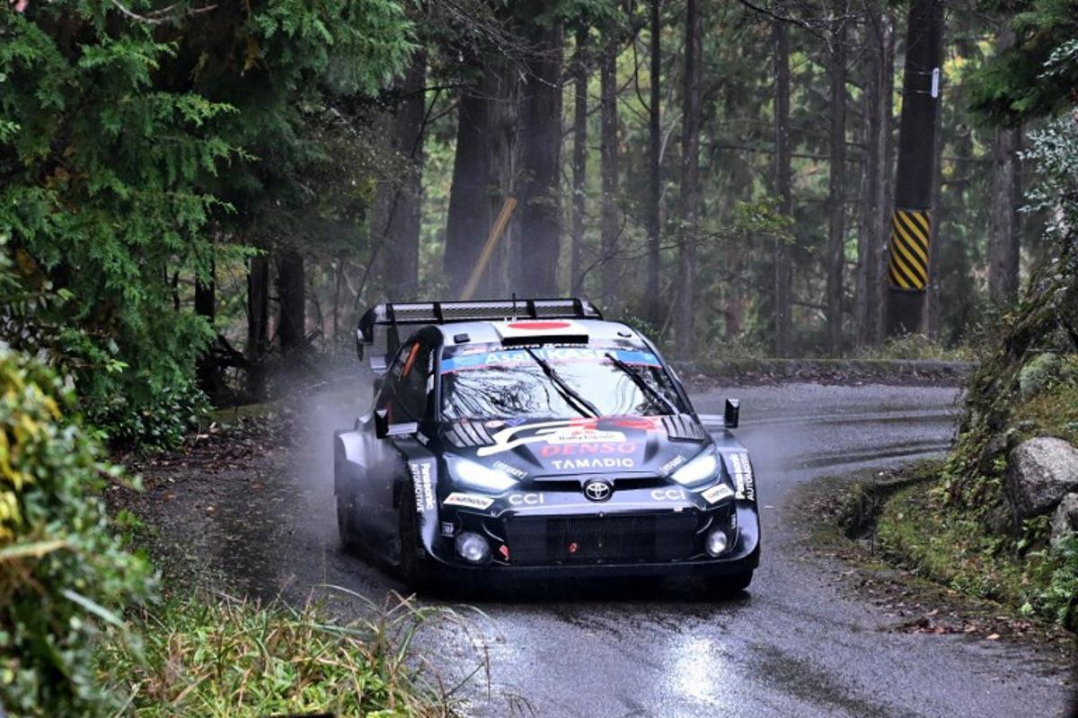 Takamoto Katsuta of Japan and his co-driver Aaron Johnston of Ireland drive their Toyota GR Yaris Rally1 during the SS19 Nukata section of the Rally Japan, the 13th round of the FIA World Rally Championships, in Toyota city, Aichi prefecture on November 9, 2025. Toshifumi KITAMURA / AFP