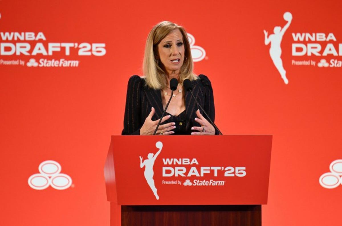 WNBA Commissioner Cathy Engelbert speaks during the 2025 WNBA Draft at the Shed in New York City on April 14, 2025. ANGELA WEISS / AFP