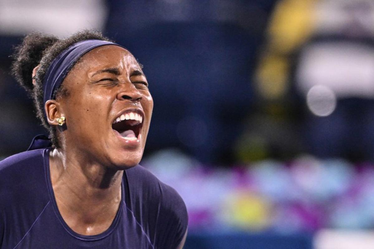 US' Coco Gauff reacts during her match against Ukraine's Elina Svitolina in the women's singles semi-final match at the Dubai Duty Free Tennis tournament in Dubai on February 20, 2026. Ryan Lim / AFP