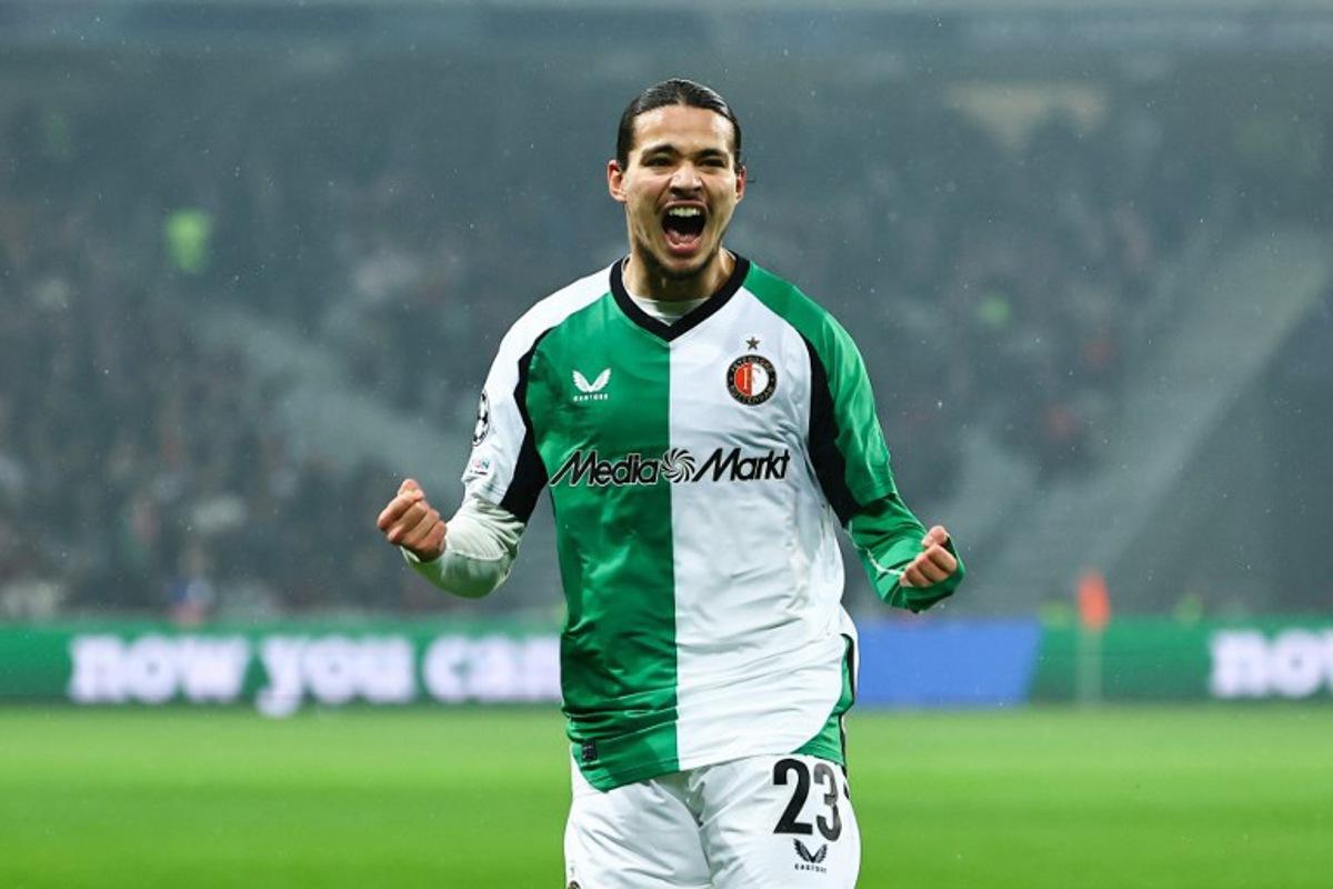 Feyenoord's Algerian midfielder #23 Anis Hadj Moussa celebrates his team's first goal during the UEFA Champions League, league phase - matchday 8 football match between Lille OSC (LOSC) and Feyenoord Rotterdam at the Stade Pierre-Mauroy in Villeneuve-d'Ascq in Northern France, on January 29, 2025. Sameer Al-Doumy / AFP