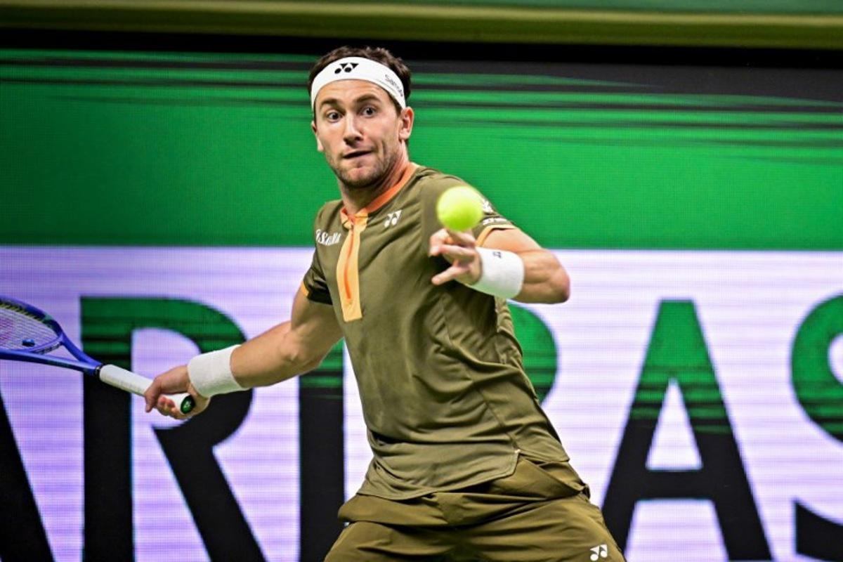Norway's Casper Ruud returns the ball to Canada's Denis Shapovalov (not in Picture) during the semi-final of the BNP Paribas Nordic Open tennis tournament at the Royal Swedish Tennis Hall in Stockholm, Sweden, on October 18, 2025. Magnus LEJHALL / TT NEWS AGENCY / AFP