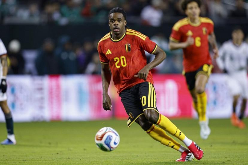 Belgium's defender #20 Nathan Ngoy passes the ball during a friendly football match between Mexico and Belgium at Soldier Field in Chicago, Illinois, on March 31, 2026. KAMIL KRZACZYNSKI / AFP