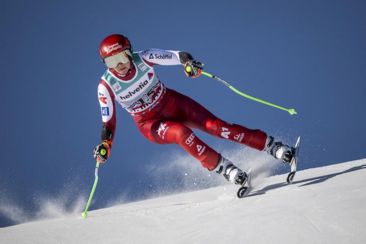 Austria's Cornelia Huetter competes in the Women's Super G event of the FIS Alpine Skiing World Cup 2025-2026, in St. Moritz, south-eastern Switzerland on December 14, 2025. Fabrice COFFRINI / AFP