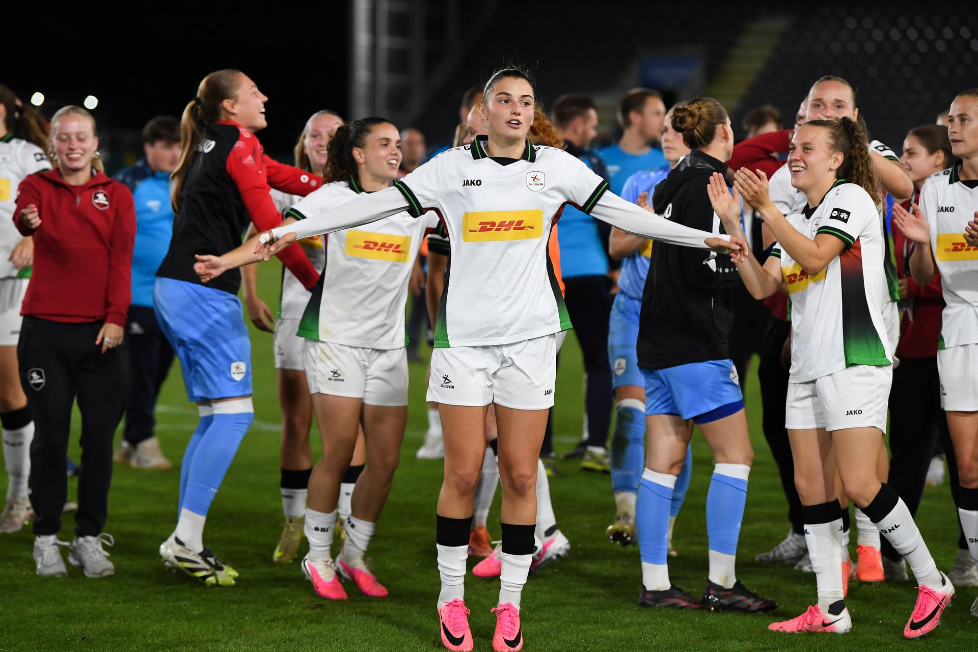 OHL's players celebrate after winning a game between Oud-Heverlee Leuven Women and Poland women team Czarni Sosnowiec, Wednesday 2 September 2026 in Leuven, a return leg in the third round qualification game in the UEFA Women's Champions League. OHL Women won 1-4 the first leg. BELGA PHOTO JILL DELSAUX