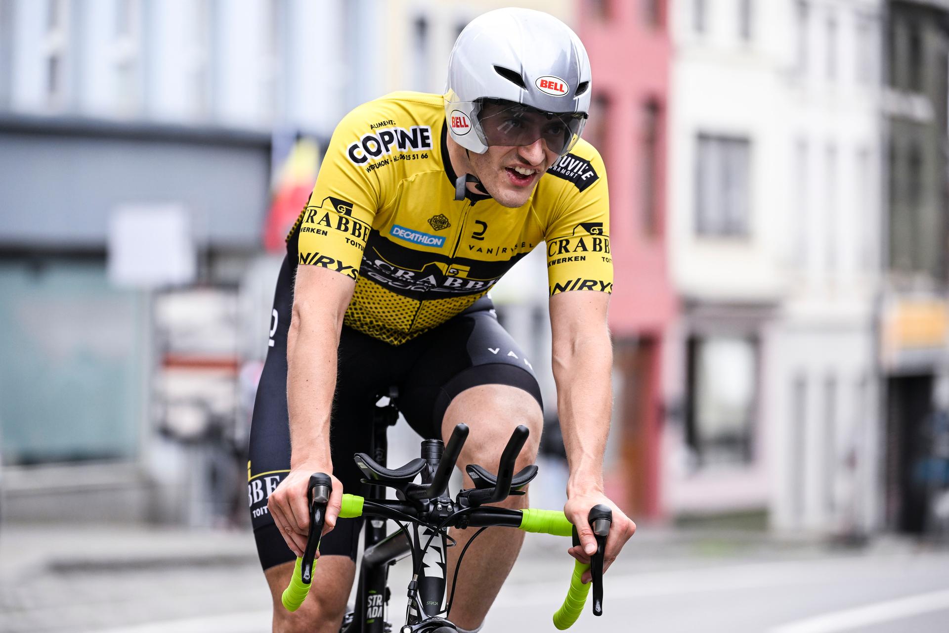 Belgian Francois Licot of Crabbe-Dstny pictured in action during the men without contract individual time trial of the Belgian Championships cycling, 38,5km, in Binche, on Thursday 20 June 2024. BELGA PHOTO TOM GOYVAERTS