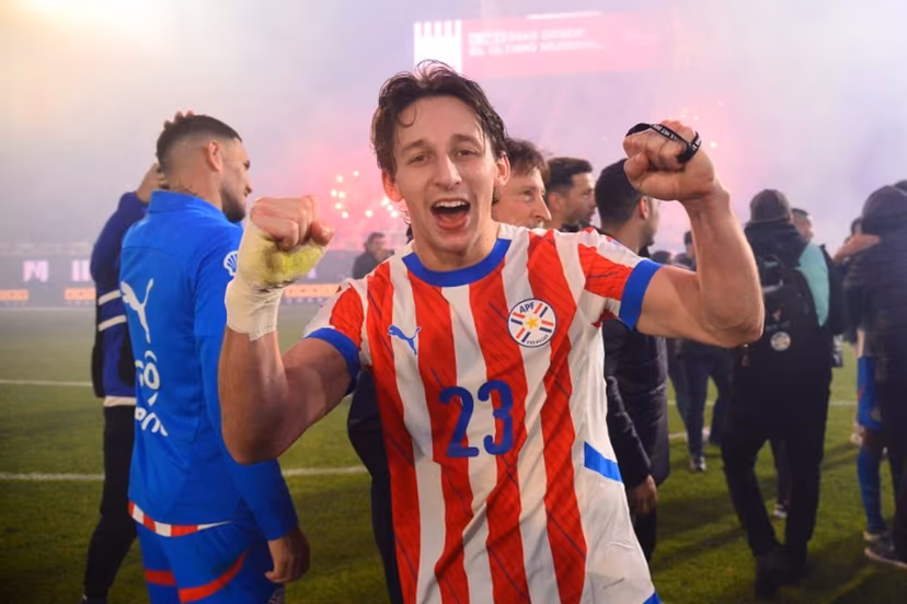 Paraguay's midfielder #23 Matias Galarza celebrates after the 2026 FIFA World Cup South American qualifiers football match between Paraguay and Ecuador at the Defensores del Chaco stadium in Asuncion on September 4, 2025. Daniel DUARTE / AFP