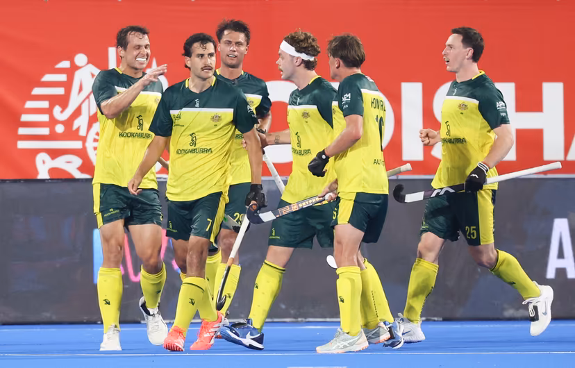 Australia's players celebrate after scoring during a hockey game between Belgian national team Red Lions and Netherlands, Thursday 25 June 2026 in Wavre, match 14/16 in the group stage of the men's FIH Pro League competition. BELGA PHOTO VIRGINIE LEFOUR
