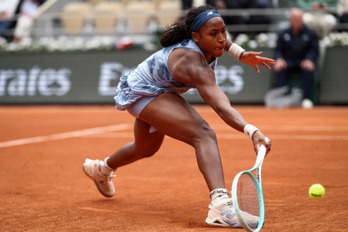 US Coco Gauff plays a forehand return to Australia's Olivia Gadecki during their women's singles match on day 3 of the French Open tennis tournament on Court Philippe-Chatrier at the Roland-Garros Complex in Paris on May 27, 2025. FRANCK FIFE / AFP