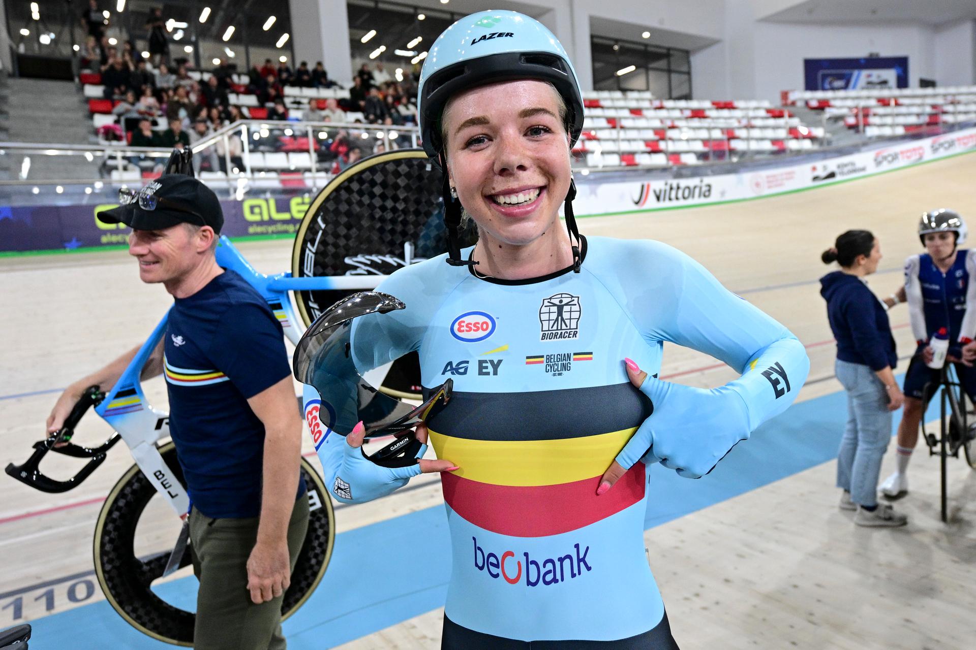 Belgian Helene Hesters celebrates after winning the women's Scratch race at the first day of the 2026 UEC Track Elite European Championships, in Konya, Turkey, Sunday 01 February 2026. The European Championships take place from 01 to 05 February 2026. BELGA PHOTO DIRK WAEM